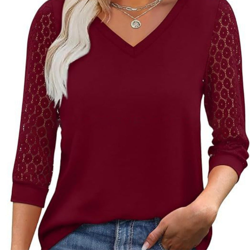 🌸 Lässiges Damen-Top mit V-Ausschnitt & Spitzen-3/4-Ärmeln – Elegant & vielseitig kombinierbar!