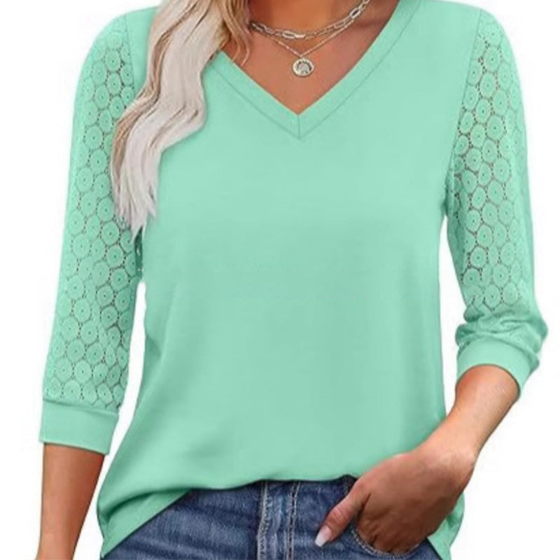 🌸 Lässiges Damen-Top mit V-Ausschnitt & Spitzen-3/4-Ärmeln – Elegant & vielseitig kombinierbar!
