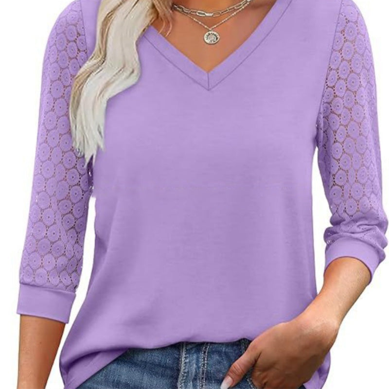 🌸 Lässiges Damen-Top mit V-Ausschnitt & Spitzen-3/4-Ärmeln – Elegant & vielseitig kombinierbar!