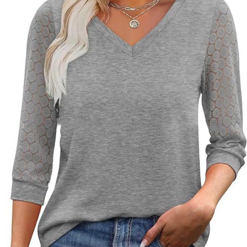 🌸 Lässiges Damen-Top mit V-Ausschnitt & Spitzen-3/4-Ärmeln – Elegant & vielseitig kombinierbar!