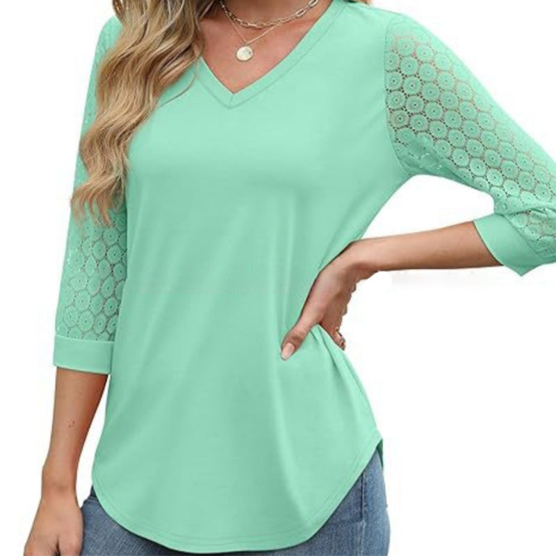 🌸 Lässiges Damen-Top mit V-Ausschnitt & Spitzen-3/4-Ärmeln – Elegant & vielseitig kombinierbar!