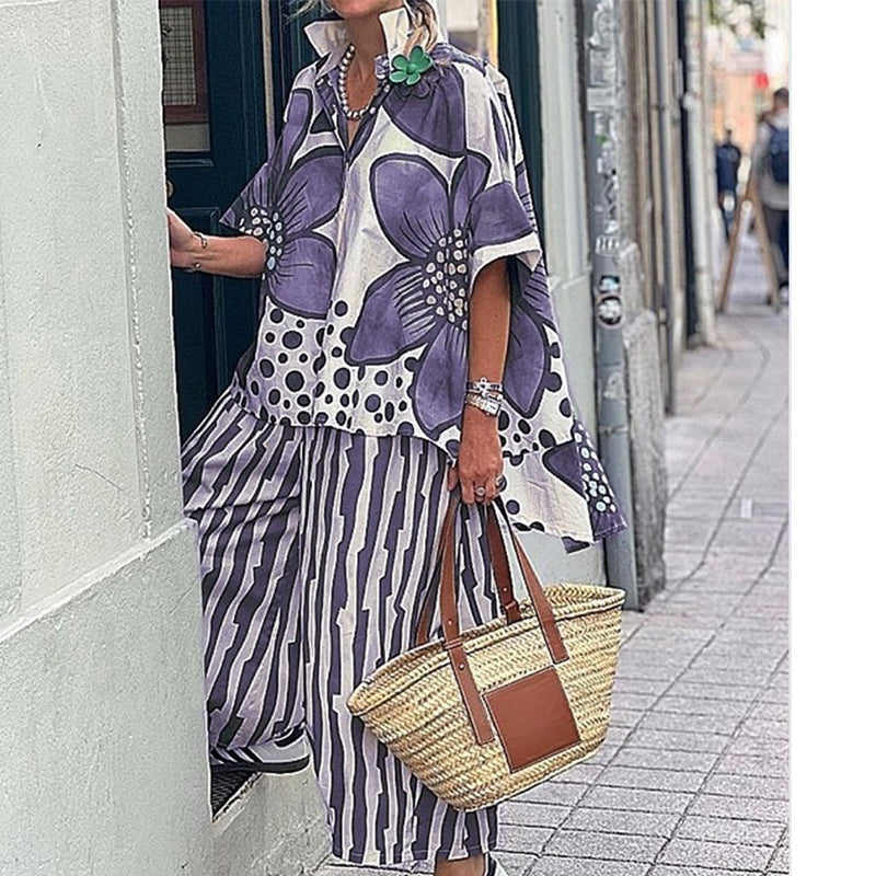 🌺Zweiteiliges Damen Freizeit Set mit Blumenprint – Hemd mit kurzen Ärmeln + Streifen-Hose für Sommer, Einkauf & Urlaub