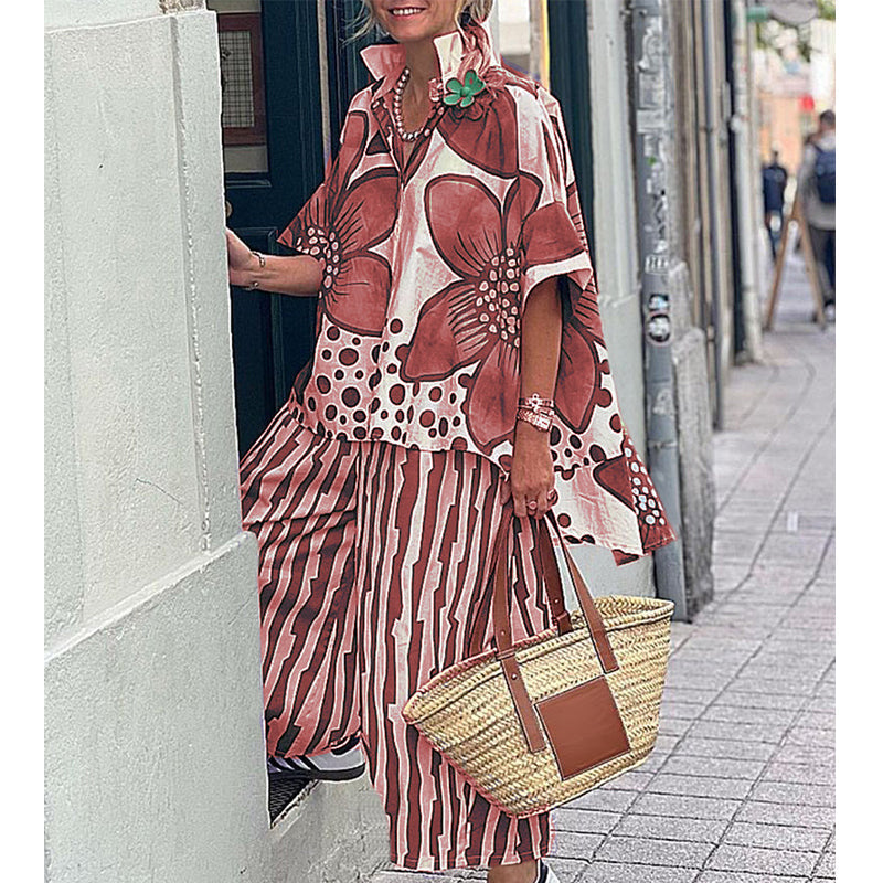 🌺Zweiteiliges Damen Freizeit Set mit Blumenprint – Hemd mit kurzen Ärmeln + Streifen-Hose für Sommer, Einkauf & Urlaub