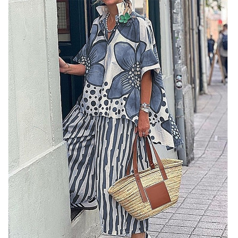 🌺Zweiteiliges Damen Freizeit Set mit Blumenprint – Hemd mit kurzen Ärmeln + Streifen-Hose für Sommer, Einkauf & Urlaub