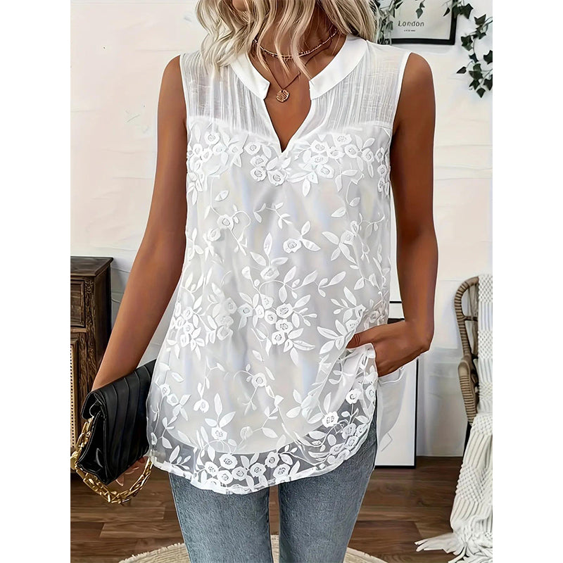 👚 🌸 Ärmelloses Damenoberteil mit Blumenstickerei & Spitze – Luftig, feminin & vielseitig kombinierbar für Sommer✨