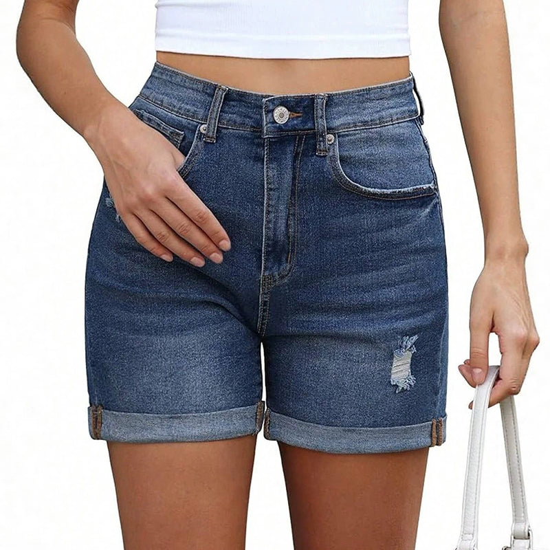 Hochtaillierte Slim-Fit Jeansshorts mit Rollsaum – modern und figurbetont