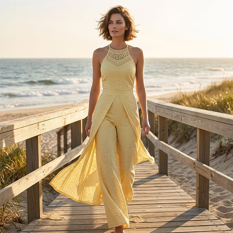 Elegantes Set: Spitzentop & weiter Hose mit Schlitz