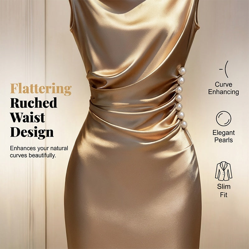 ⏰Elegantes Midikleid aus Satin mit Perldetails – Ärmelloses Abendkleid für Hochzeiten, Partys & festliche Anlässe💃