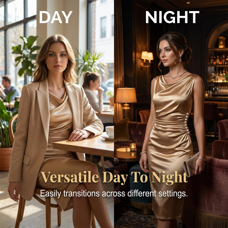 ⏰Elegantes Midikleid aus Satin mit Perldetails – Ärmelloses Abendkleid für Hochzeiten, Partys & festliche Anlässe💃