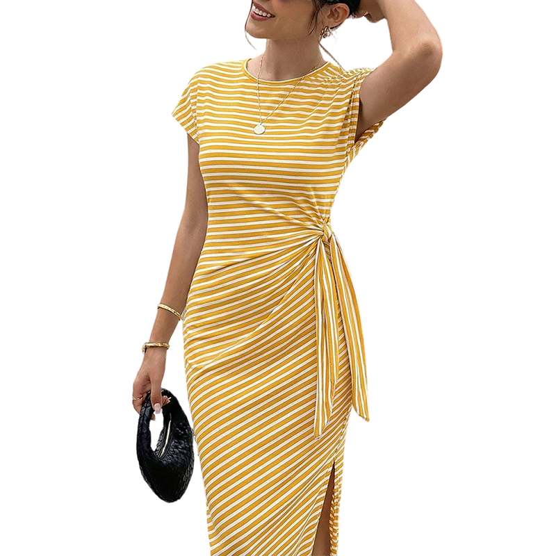 Gestreiftes Midikleid mit seitlicher Schnürung