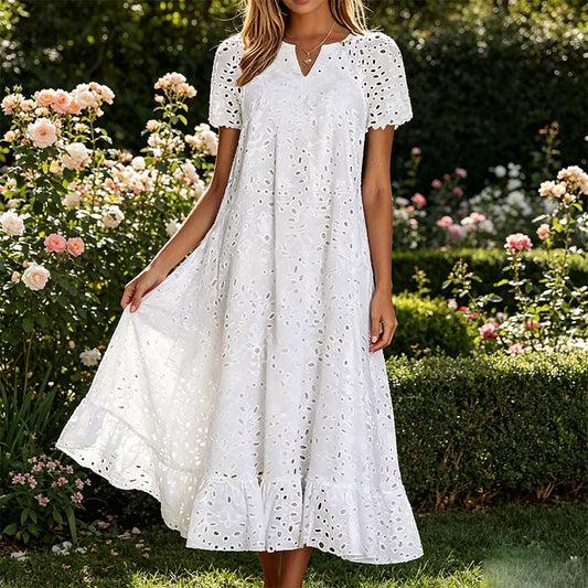 Weisses Sommerkleid mit Lochstickerei & V-Ausschnitt – Luftiges Damenkleid für Gartenpartys & Hochzeiten
