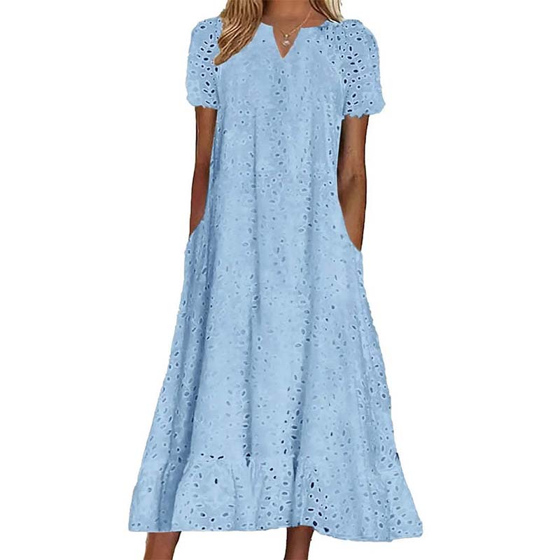 Weisses Sommerkleid mit Lochstickerei & V-Ausschnitt – Luftiges Damenkleid für Gartenpartys & Hochzeiten