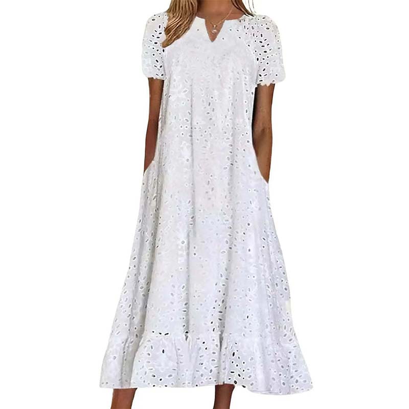 Weisses Sommerkleid mit Lochstickerei & V-Ausschnitt – Luftiges Damenkleid für Gartenpartys & Hochzeiten