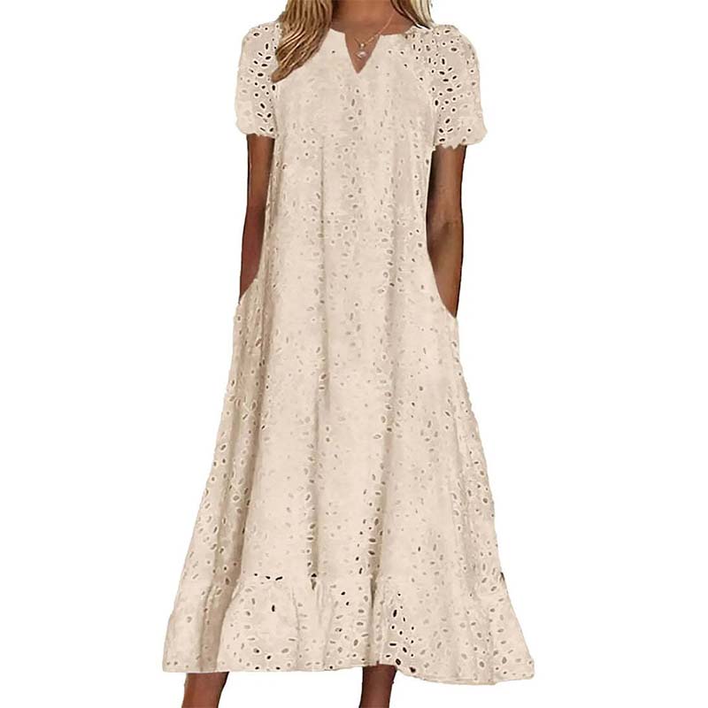 Weisses Sommerkleid mit Lochstickerei & V-Ausschnitt – Luftiges Damenkleid für Gartenpartys & Hochzeiten