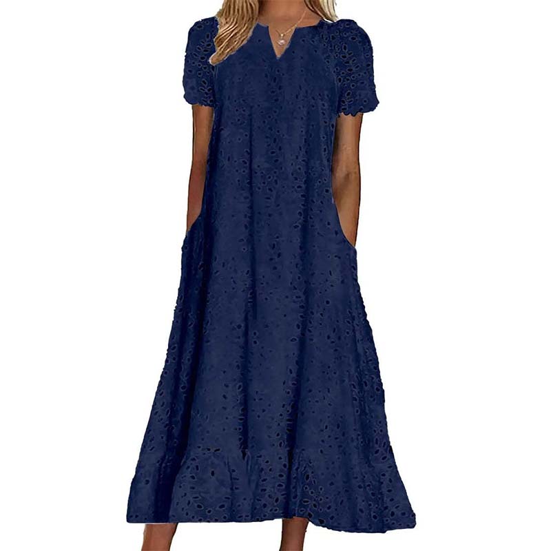 Weisses Sommerkleid mit Lochstickerei & V-Ausschnitt – Luftiges Damenkleid für Gartenpartys & Hochzeiten