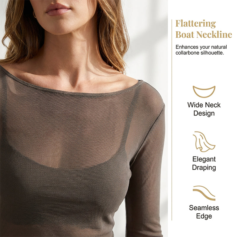Transparentes Langarmshirt mit Boot-Ausschnitt – Elegantes Sheer Top für Lagenlooks & vielseitige Outfits