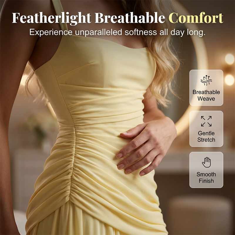 Elegantes Maxikleid mit geraffter Taille & Square Neck – Fließendes Abendkleid in Gelb für Hochzeiten & Festivals