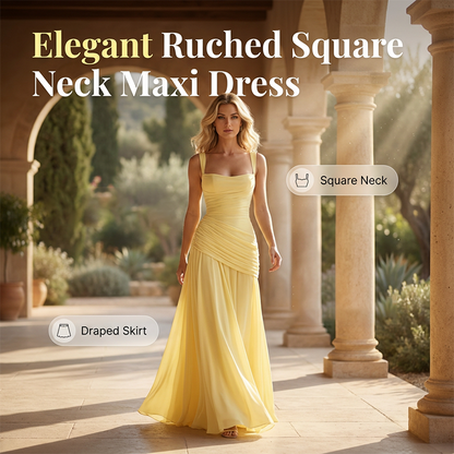 Elegantes Maxikleid mit geraffter Taille & Square Neck – Fließendes Abendkleid in Gelb für Hochzeiten & Festivals