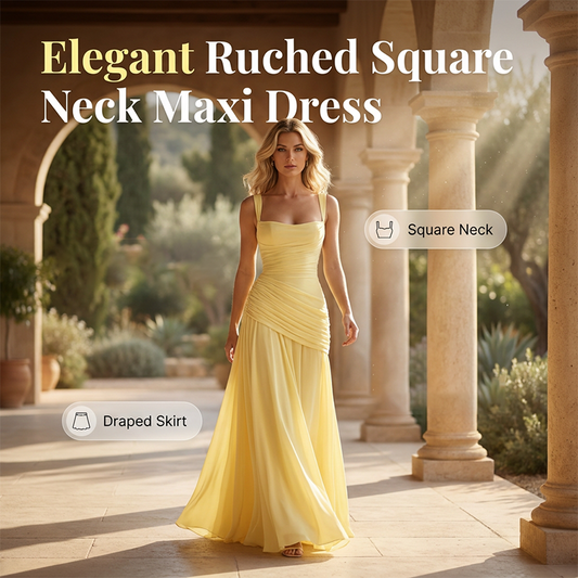 Elegantes Maxikleid mit geraffter Taille & Square Neck – Fließendes Abendkleid in Gelb für Hochzeiten & Festivals