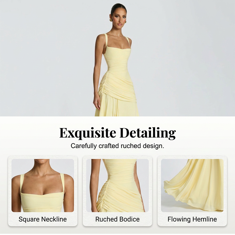 Elegantes Maxikleid mit geraffter Taille & Square Neck – Fließendes Abendkleid in Gelb für Hochzeiten & Festivals
