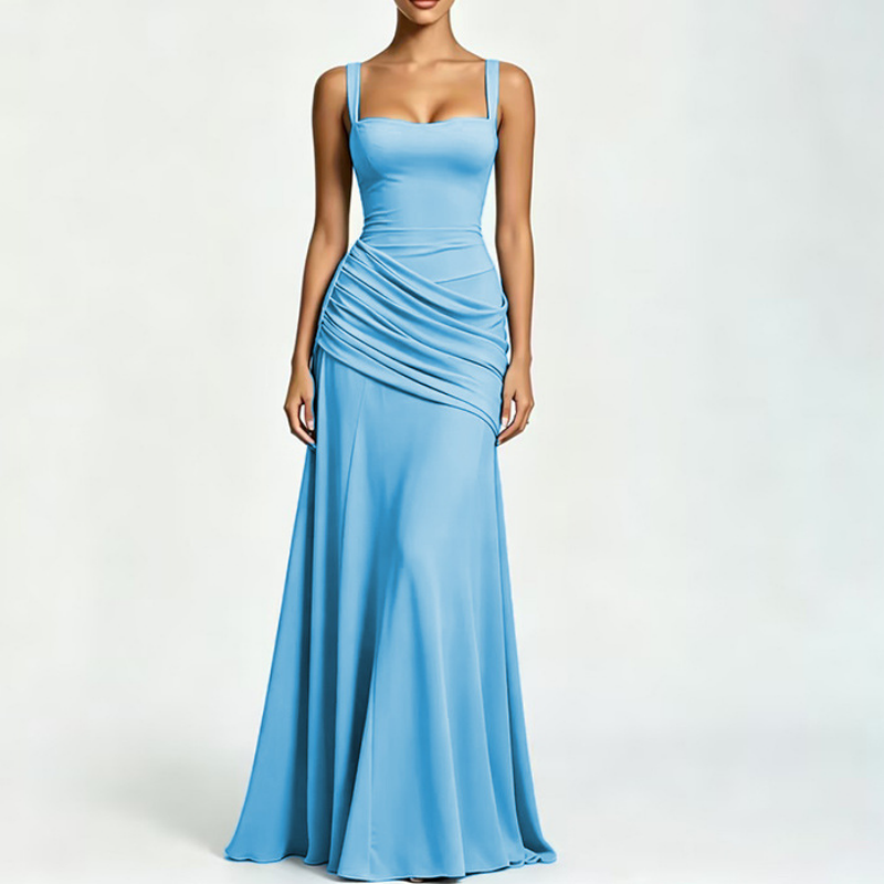 Elegantes Maxikleid mit geraffter Taille & Square Neck – Fließendes Abendkleid in Gelb für Hochzeiten & Festivals