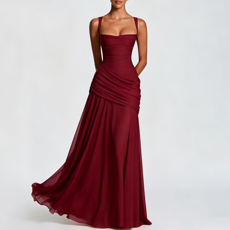 Elegantes Maxikleid mit geraffter Taille & Square Neck – Fließendes Abendkleid in Gelb für Hochzeiten & Festivals