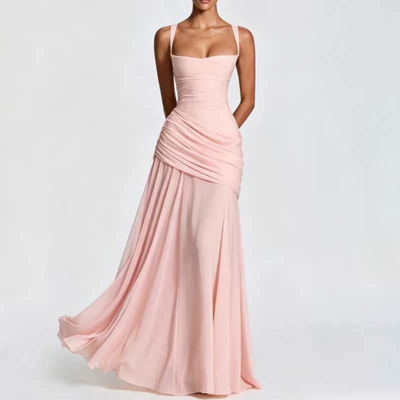 Elegantes Maxikleid mit geraffter Taille & Square Neck – Fließendes Abendkleid in Gelb für Hochzeiten & Festivals
