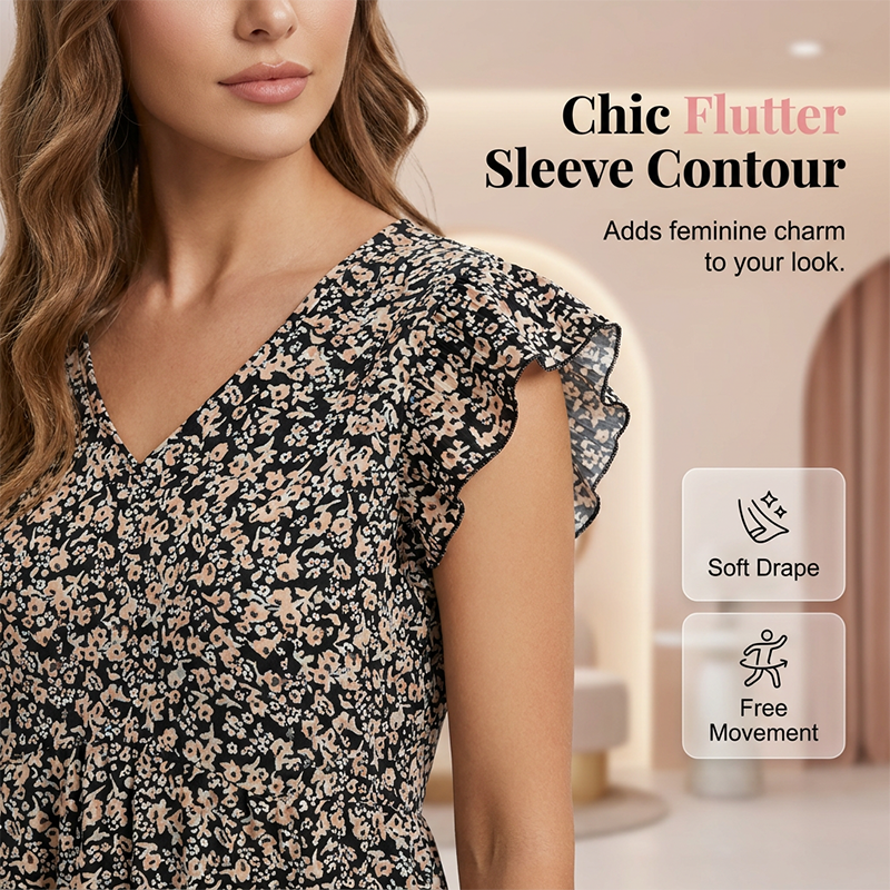 Blumen-Peplum-Top mit V-Ausschnitt & Rüschenärmeln – Sommerliches Damenoberteil für Büro & Freizeit