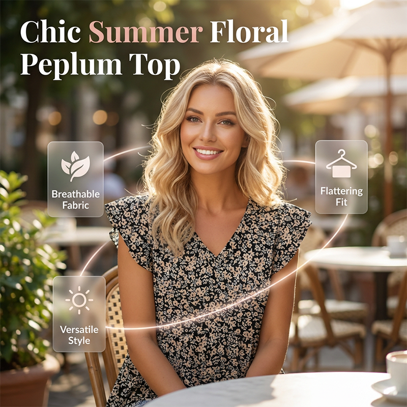 Blumen-Peplum-Top mit V-Ausschnitt & Rüschenärmeln – Sommerliches Damenoberteil für Büro & Freizeit