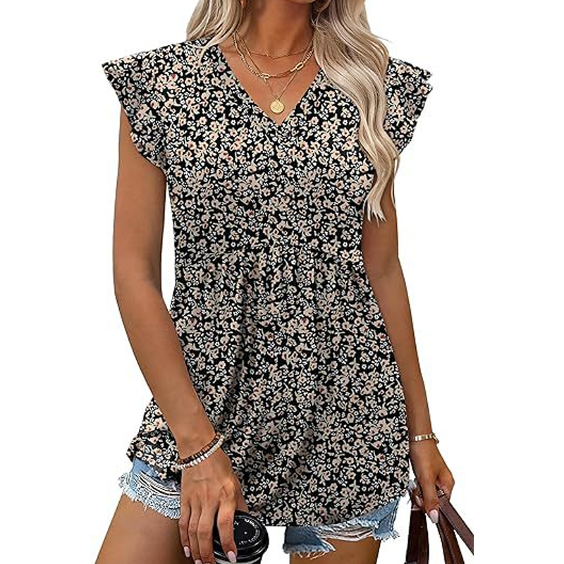 Blumen-Peplum-Top mit V-Ausschnitt & Rüschenärmeln – Sommerliches Damenoberteil für Büro & Freizeit