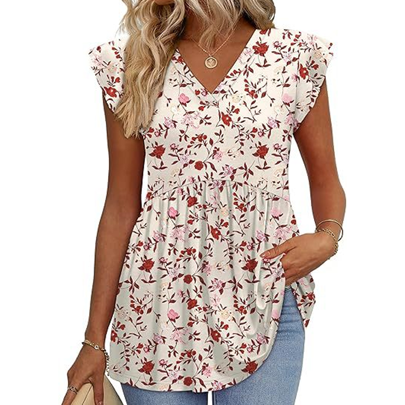Blumen-Peplum-Top mit V-Ausschnitt & Rüschenärmeln – Sommerliches Damenoberteil für Büro & Freizeit