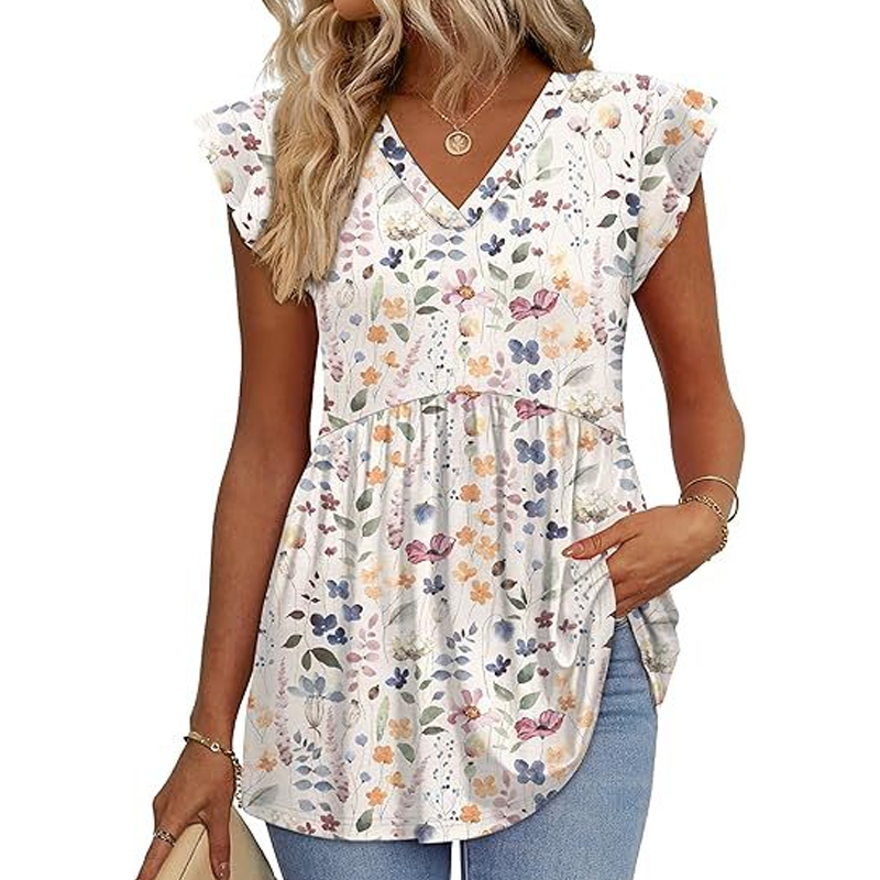 Blumen-Peplum-Top mit V-Ausschnitt & Rüschenärmeln – Sommerliches Damenoberteil für Büro & Freizeit