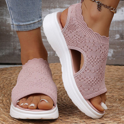 👡Damen Plateau-Sandalen aus atmungsaktivem Strickgewebe – Schlupf-Slipper mit dämpfender Sohle für Sommer, Alltag & Spaziergang