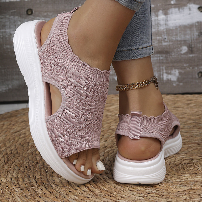 👡Damen Plateau-Sandalen aus atmungsaktivem Strickgewebe – Schlupf-Slipper mit dämpfender Sohle für Sommer, Alltag & Spaziergang