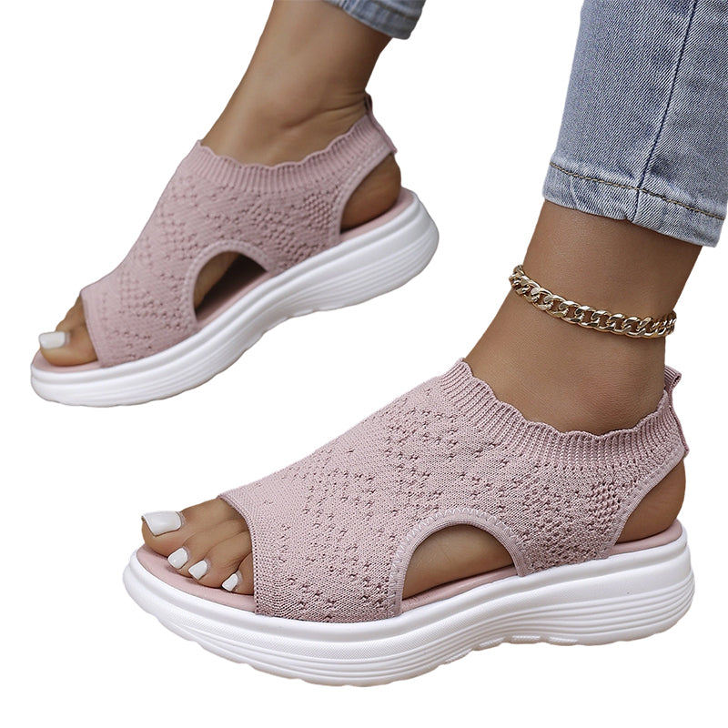 👡Damen Plateau-Sandalen aus atmungsaktivem Strickgewebe – Schlupf-Slipper mit dämpfender Sohle für Sommer, Alltag & Spaziergang