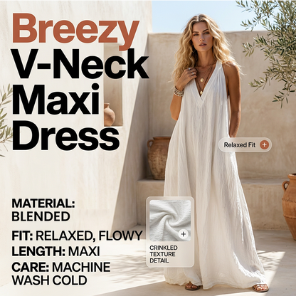 Luftiges Sommer-Maxikleid mit V-Ausschnitt – Lässiges, fließendes Kleid in Leinenoptik für Strand & Urlaub