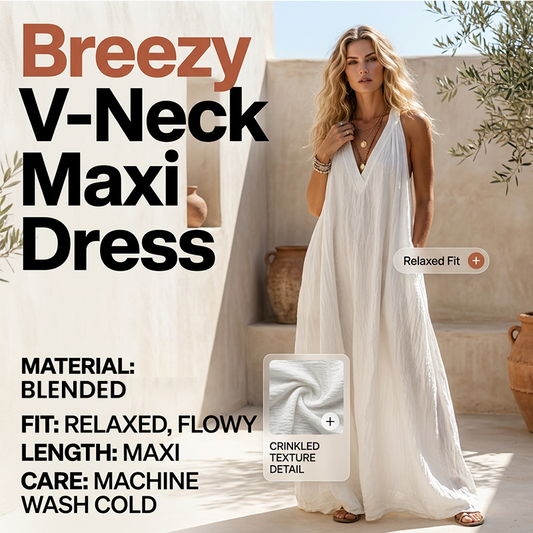 Luftiges Sommer-Maxikleid mit V-Ausschnitt – Lässiges, fließendes Kleid in Leinenoptik für Strand & Urlaub
