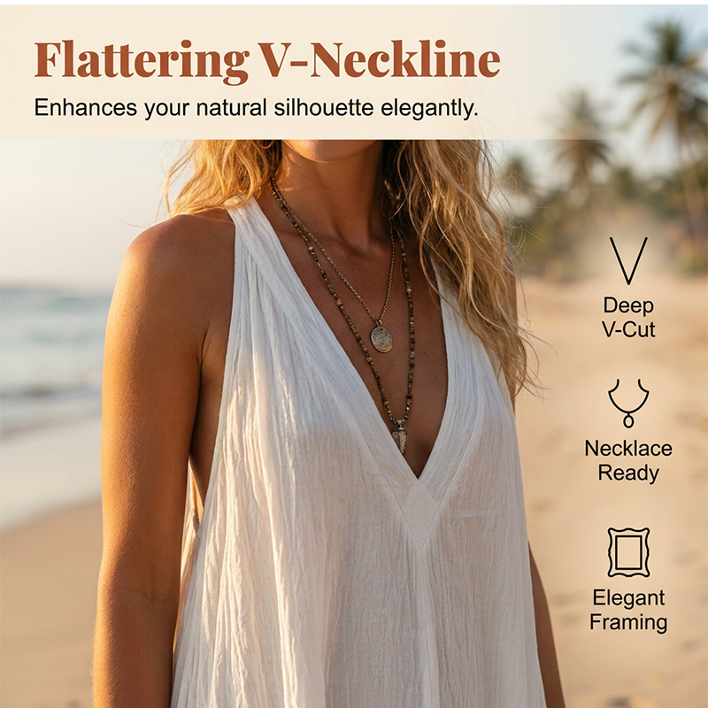 Luftiges Sommer-Maxikleid mit V-Ausschnitt – Lässiges, fließendes Kleid in Leinenoptik für Strand & Urlaub