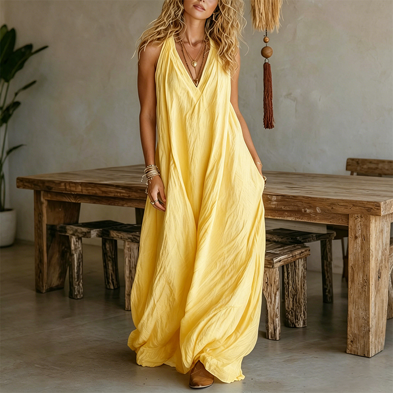 Luftiges Sommer-Maxikleid mit V-Ausschnitt – Lässiges, fließendes Kleid in Leinenoptik für Strand & Urlaub