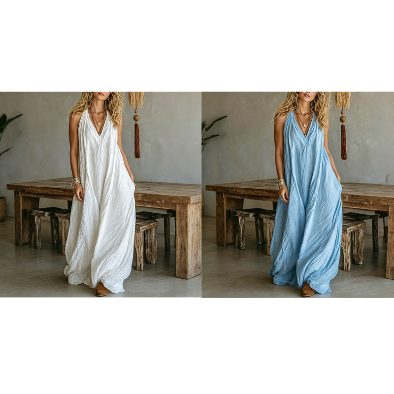 Luftiges Sommer-Maxikleid mit V-Ausschnitt – Lässiges, fließendes Kleid in Leinenoptik für Strand & Urlaub