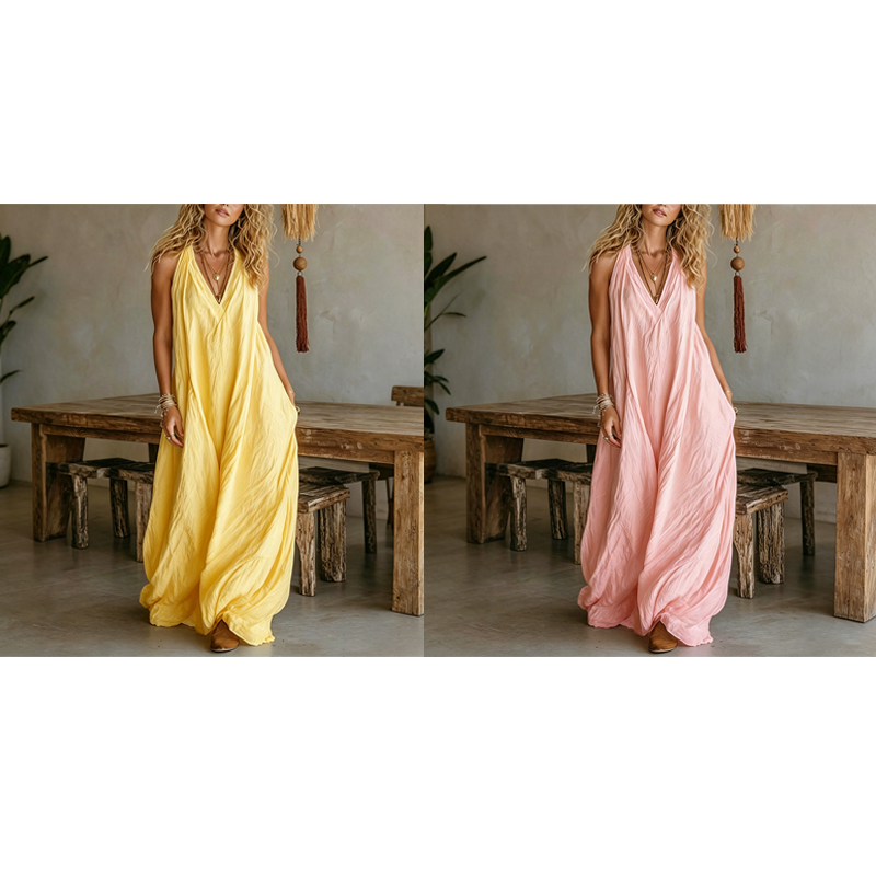 Luftiges Sommer-Maxikleid mit V-Ausschnitt – Lässiges, fließendes Kleid in Leinenoptik für Strand & Urlaub