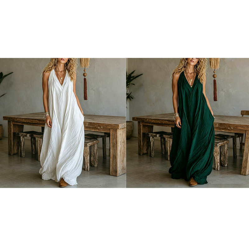 Luftiges Sommer-Maxikleid mit V-Ausschnitt – Lässiges, fließendes Kleid in Leinenoptik für Strand & Urlaub
