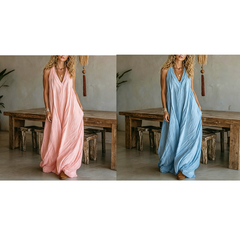 Luftiges Sommer-Maxikleid mit V-Ausschnitt – Lässiges, fließendes Kleid in Leinenoptik für Strand & Urlaub