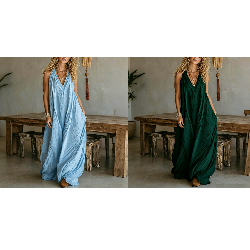 Luftiges Sommer-Maxikleid mit V-Ausschnitt – Lässiges, fließendes Kleid in Leinenoptik für Strand & Urlaub