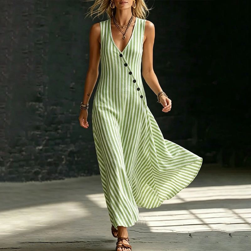 Gestreiftes Maxikleid mit V-Ausschnitt & Knopfdetail