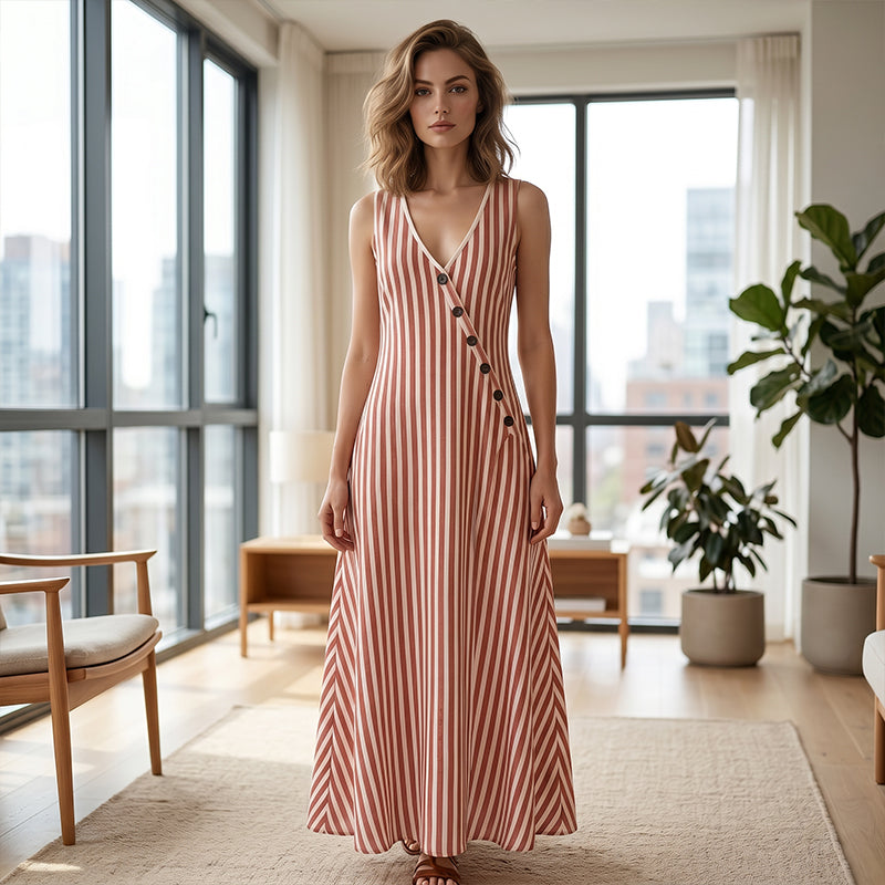 Gestreiftes Maxikleid mit V-Ausschnitt & Knopfdetail