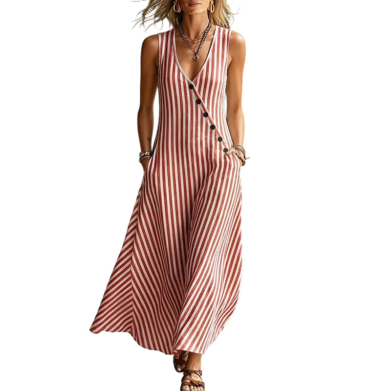 Gestreiftes Maxikleid mit V-Ausschnitt & Knopfdetail