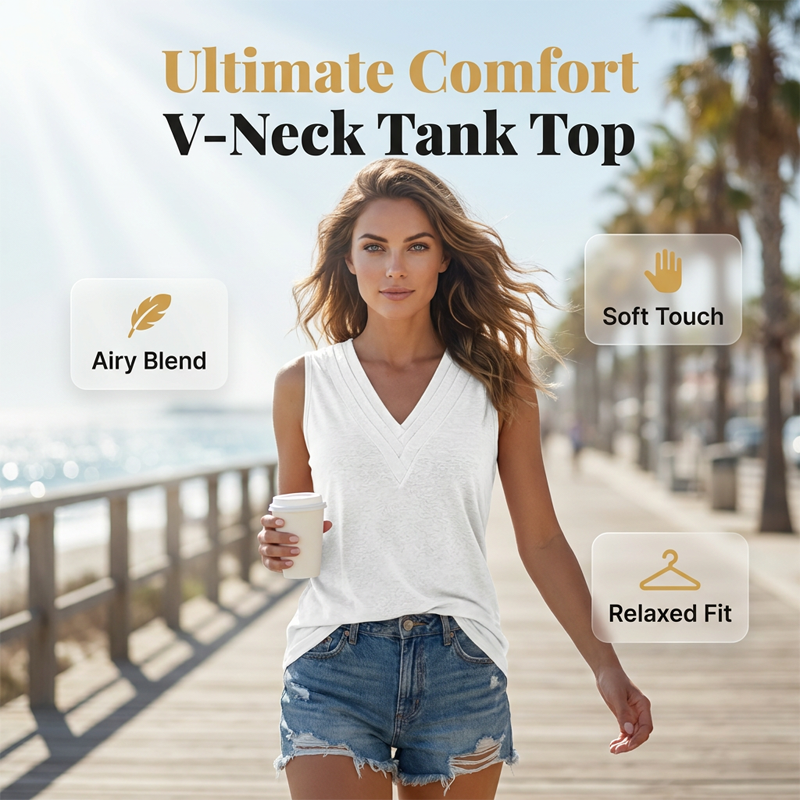 🤍 Leichtes Damen V-Ausschnitt Tanktop ✨ Lässiges ärmelloses Top für Sommer, Freizeit & Alltag