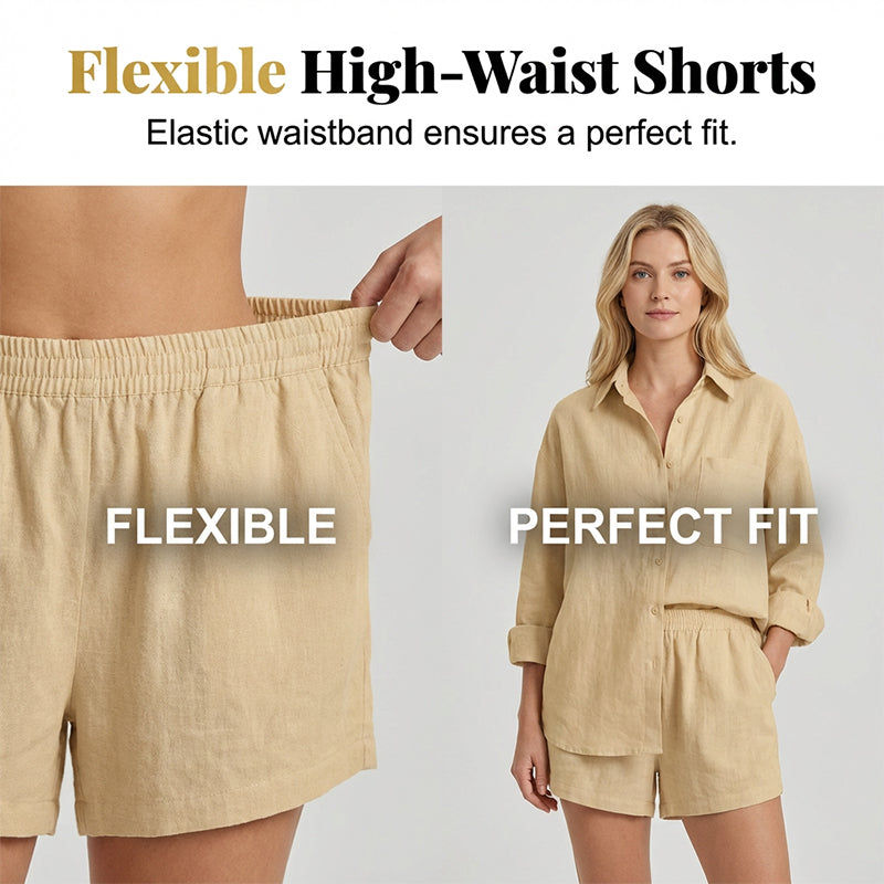Zweiteiliges Damen Sommer Set aus luftigem Mix-Stoff – Langarm Hemd + Shorts mit Gummibund für Alltag & Urlaub