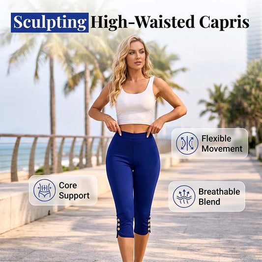 👖  50 % RABATT! ✨Hoch taillierte formende Capri-Hose für Damen – 4-Wege-Stretch, atmungsaktiver Stoff mit Knopfdetaillierung